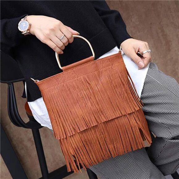 Brown Fringe Tassel Fringe Crossbody Bag Leather Shoulder Bag Hobo Handbag Purse - Picture 1 of 4